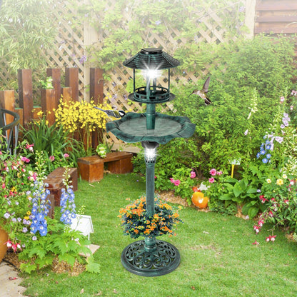 Antique Lighted Birdbath and Feeder Combo with 2 Solar-powered Lamps-Green