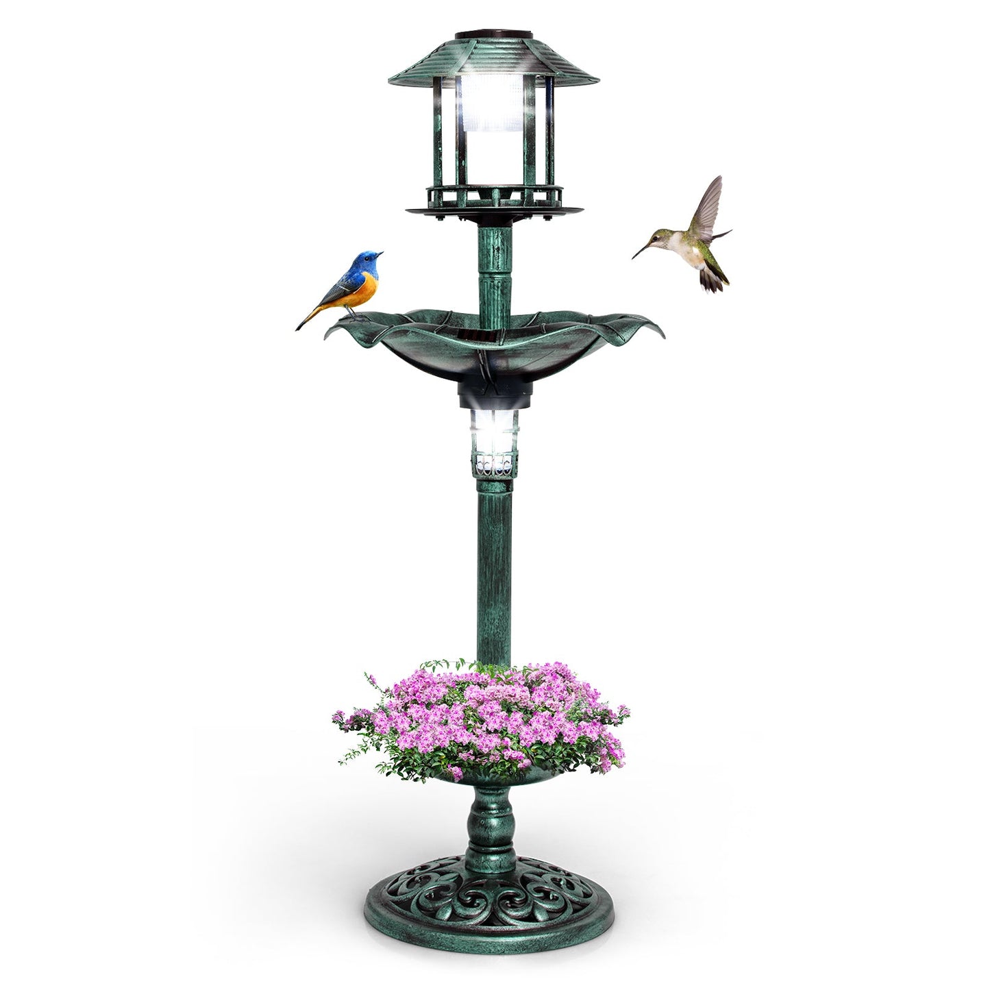 Antique Lighted Birdbath and Feeder Combo with 2 Solar-powered Lamps-Green