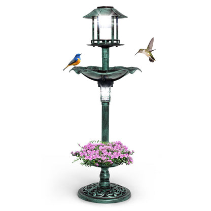 Antique Lighted Birdbath and Feeder Combo with 2 Solar-powered Lamps-Green