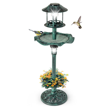 Antique Lighted Birdbath and Feeder Combo with 2 Solar-powered Lamps-Green
