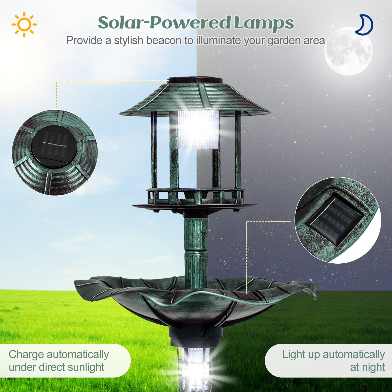 Antique Lighted Birdbath and Feeder Combo with 2 Solar-powered Lamps-Green