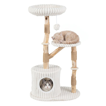 Solid Wood Cat Tree with Real Wood Branches and Scratching Posts for Indoor-Beige