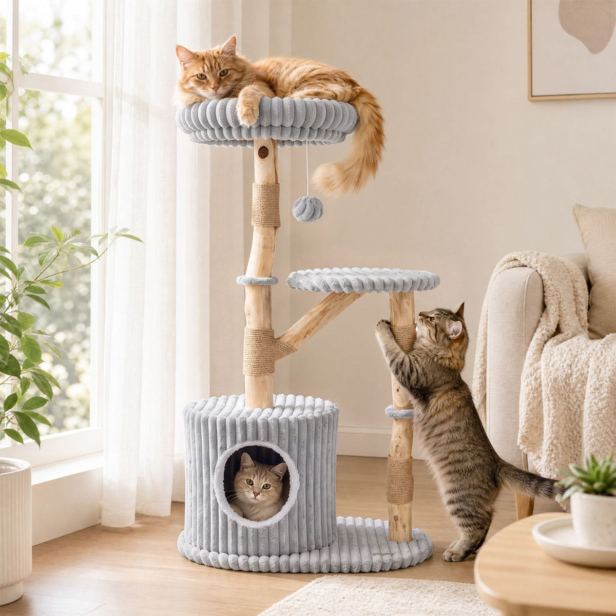 Solid Wood Cat Tree with Real Wood Branches and Scratching Posts for Indoor-Grey