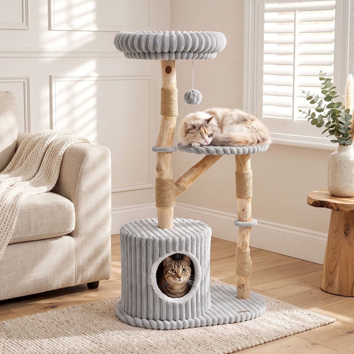 Solid Wood Cat Tree with Real Wood Branches and Scratching Posts for Indoor-Grey