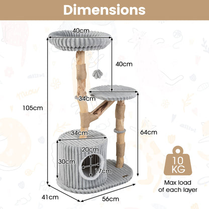 Solid Wood Cat Tree with Real Wood Branches and Scratching Posts for Indoor-Grey
