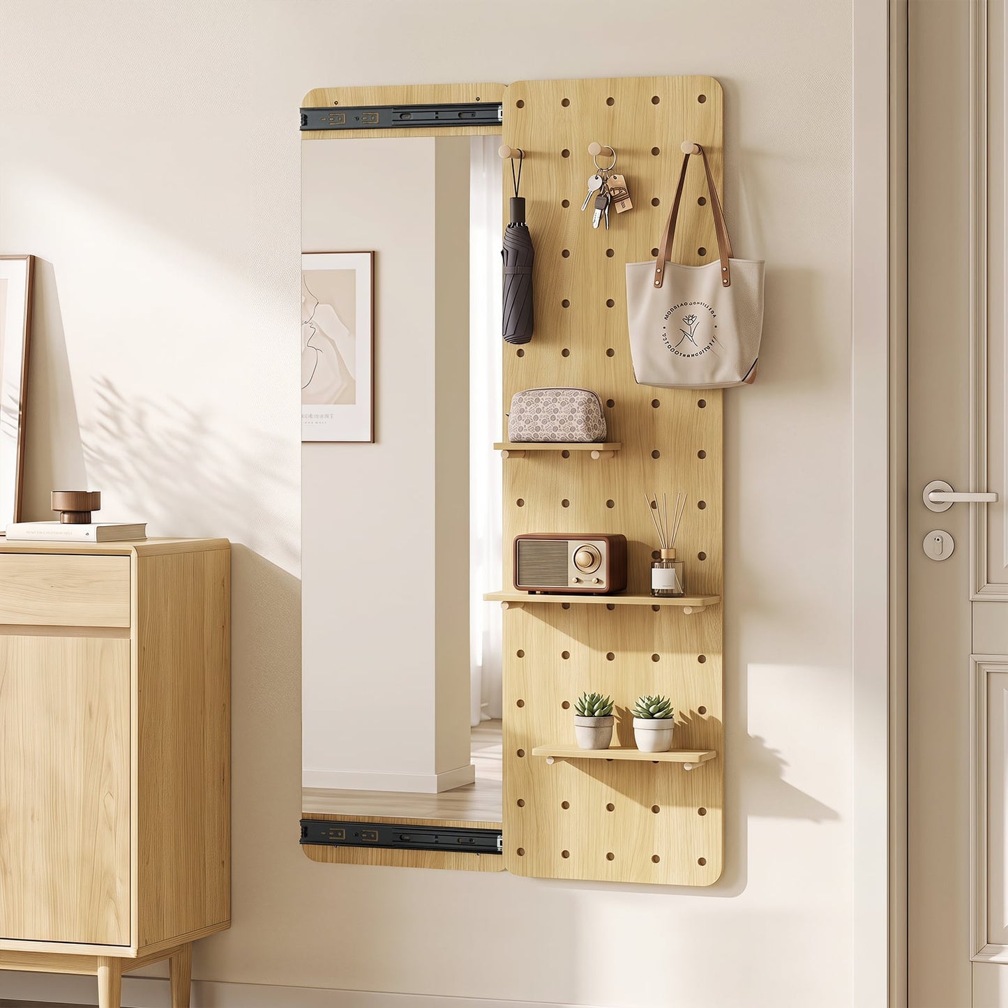 Solid Wood Wall Mounted Mirror and Pegboard Storage Organizer-Natural