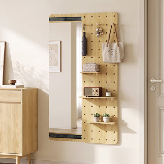 Solid Wood Wall Mounted Mirror and Pegboard Storage Organizer-Natural