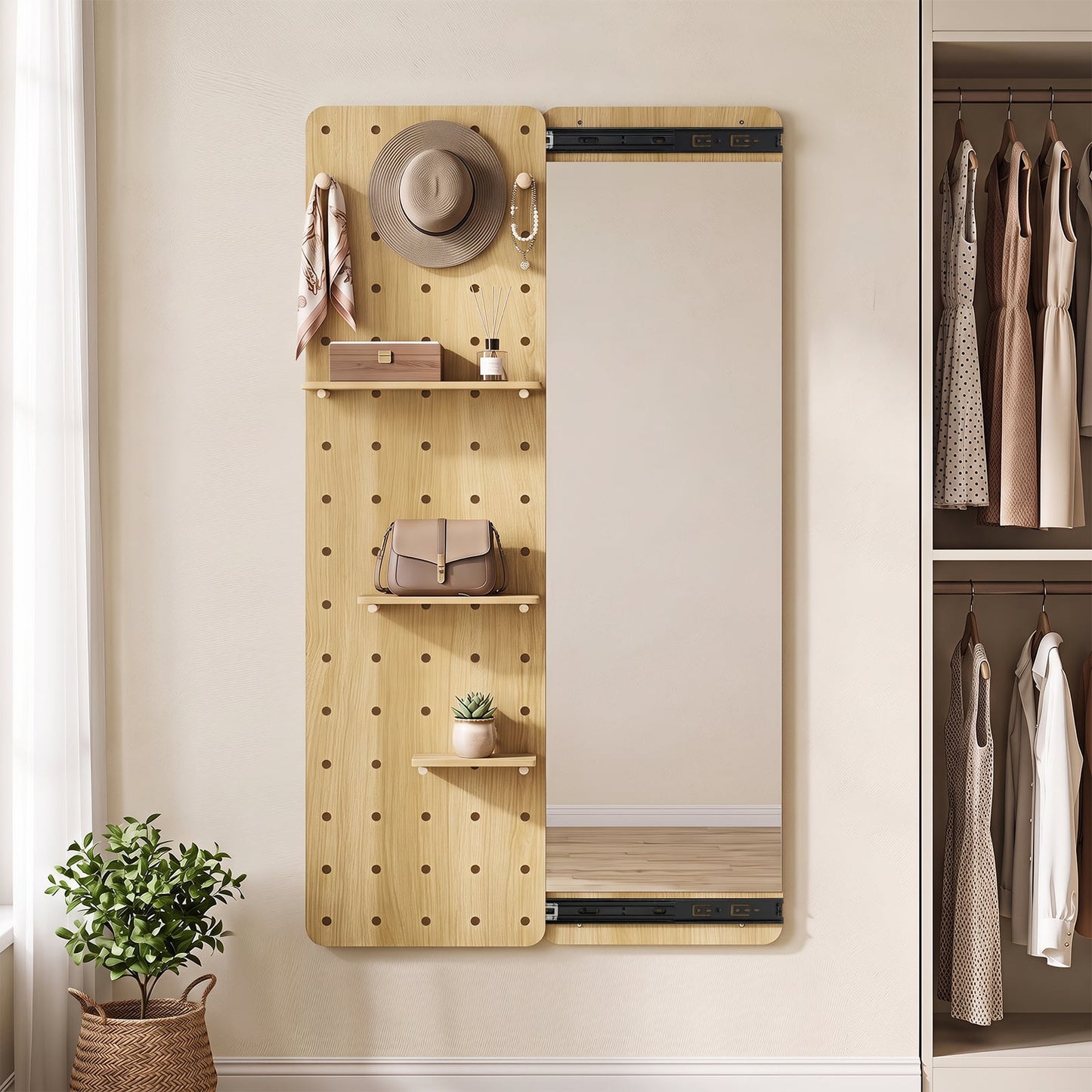 Solid Wood Wall Mounted Mirror and Pegboard Storage Organizer-Natural