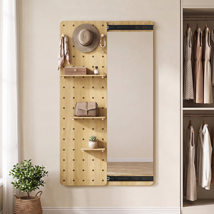 Solid Wood Wall Mounted Mirror and Pegboard Storage Organizer-Natural