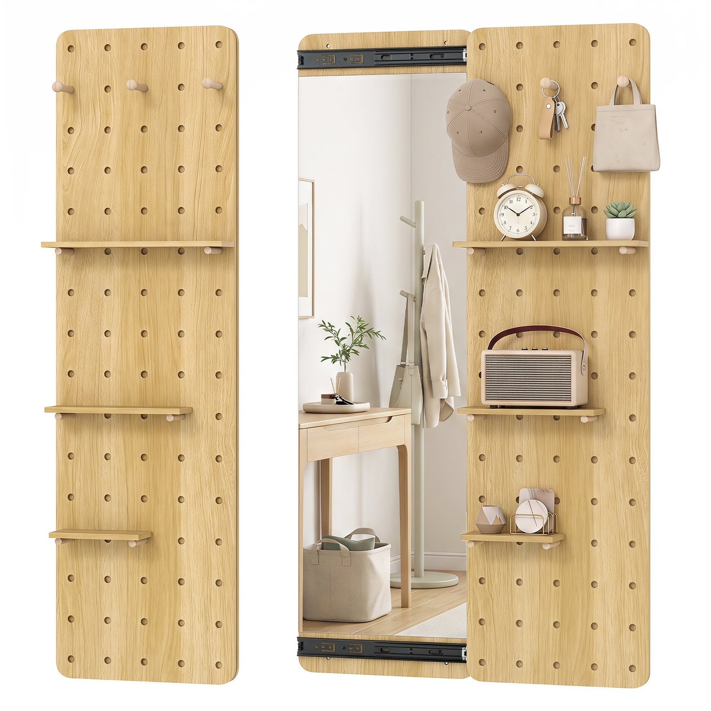 Solid Wood Wall Mounted Mirror and Pegboard Storage Organizer-Natural