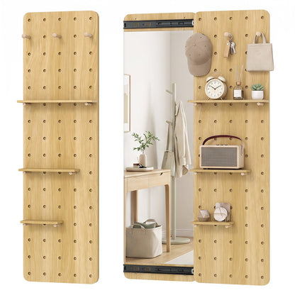 Solid Wood Wall Mounted Mirror and Pegboard Storage Organizer-Natural