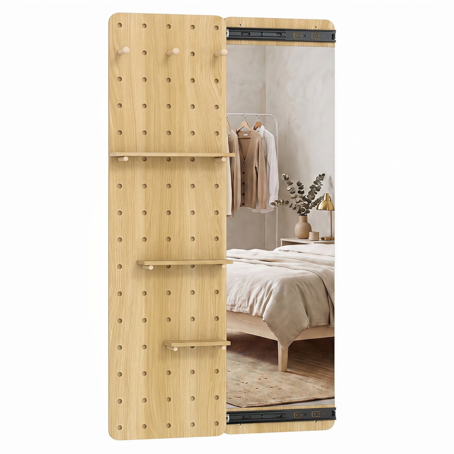 Solid Wood Wall Mounted Mirror and Pegboard Storage Organizer-Natural