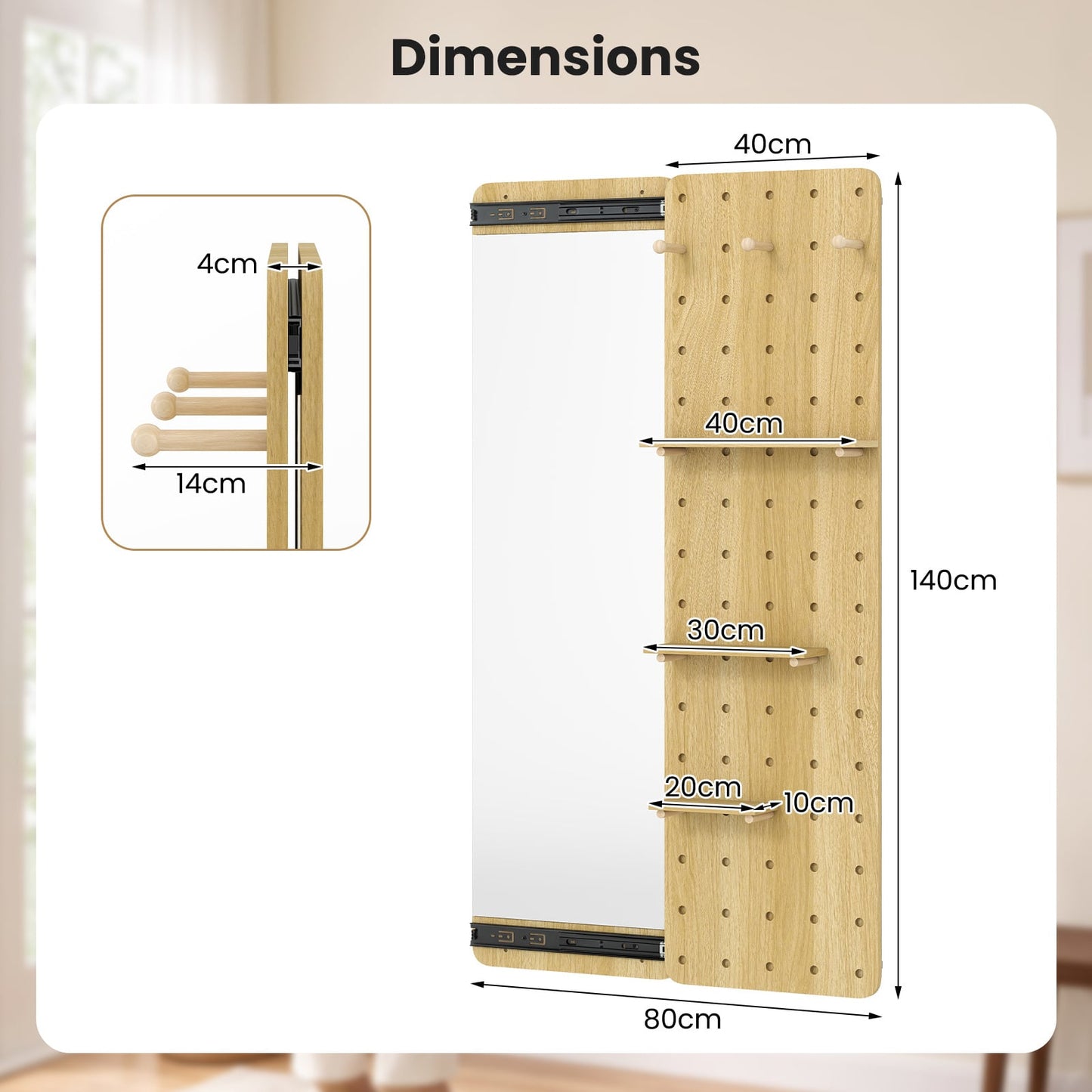 Solid Wood Wall Mounted Mirror and Pegboard Storage Organizer-Natural