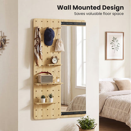 Solid Wood Wall Mounted Mirror and Pegboard Storage Organizer-Natural
