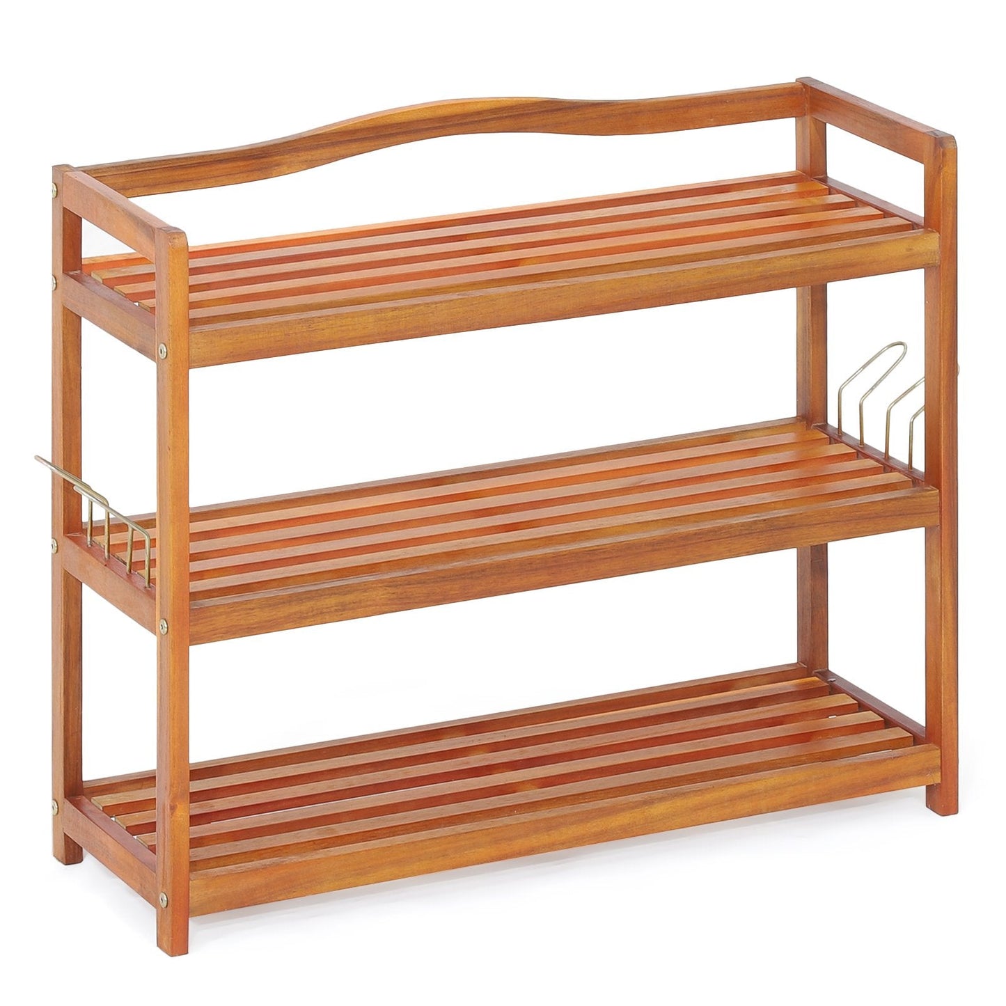 Solid Acacia Wood Shoe Rack Shelf with Side Metal Hooks-3-Tier