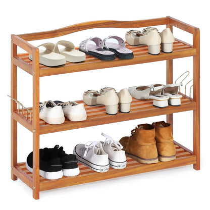 Solid Acacia Wood Shoe Rack Shelf with Side Metal Hooks-3-Tier