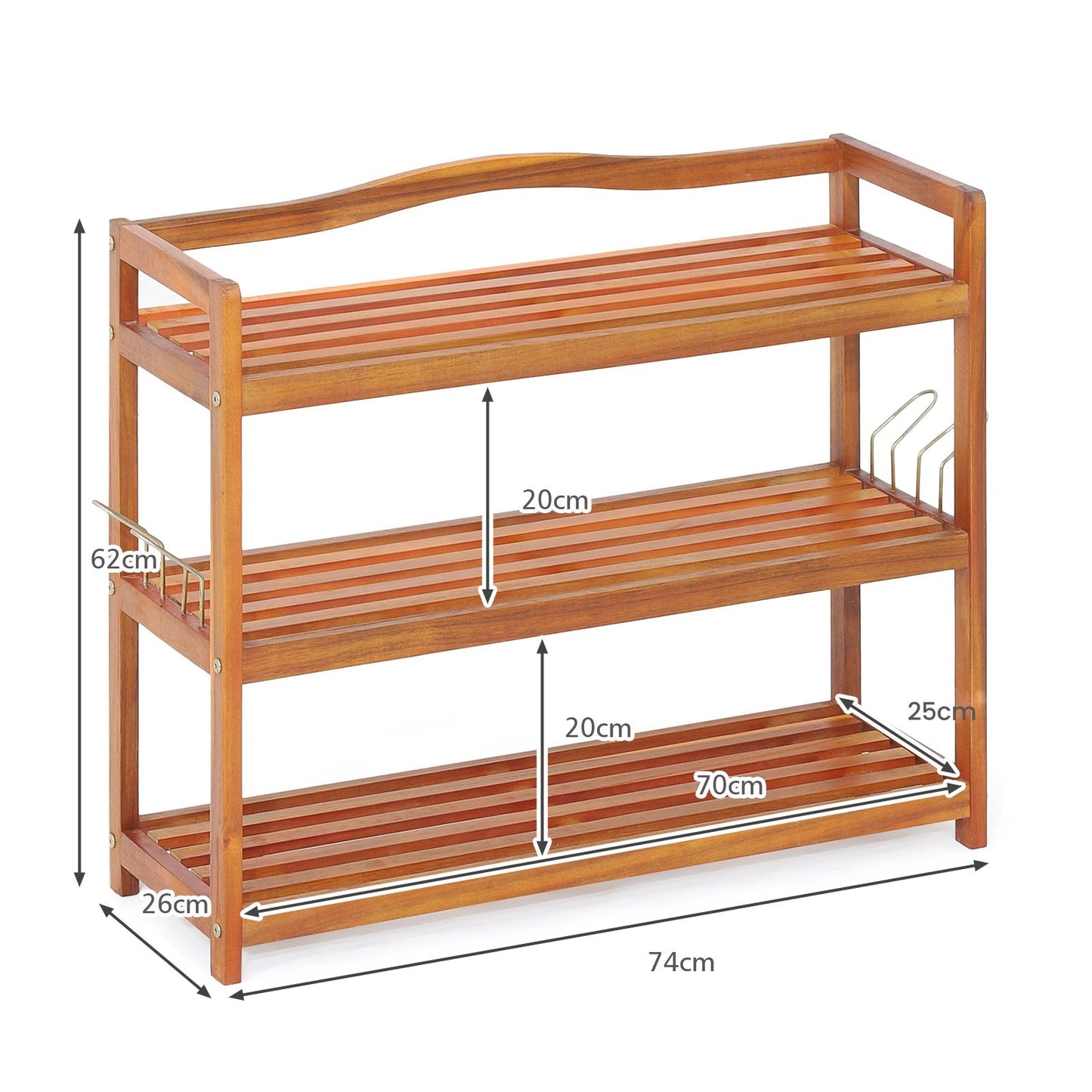Solid Acacia Wood Shoe Rack Shelf with Side Metal Hooks-3-Tier