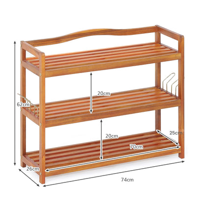 Solid Acacia Wood Shoe Rack Shelf with Side Metal Hooks-3-Tier