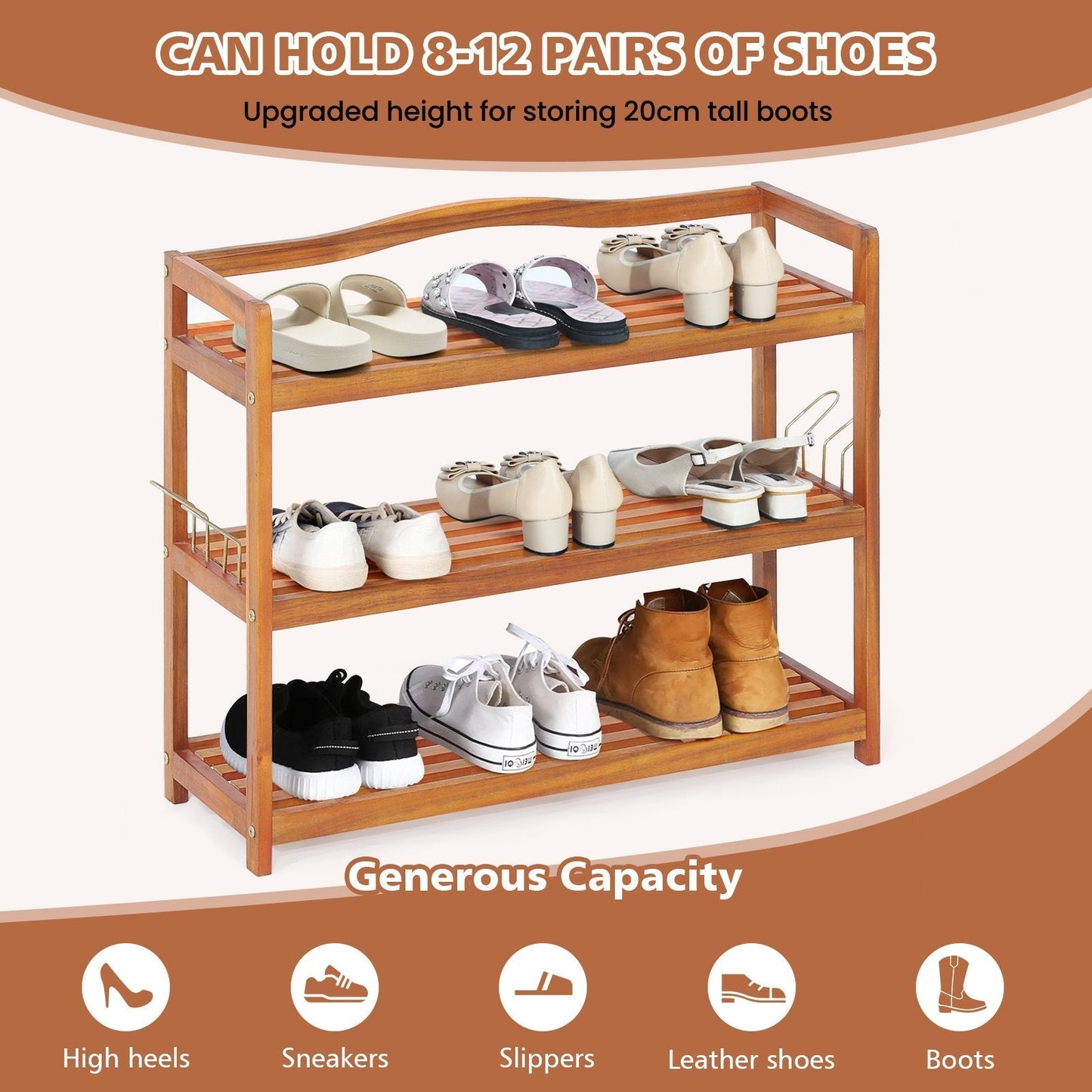 Solid Acacia Wood Shoe Rack Shelf with Side Metal Hooks-3-Tier