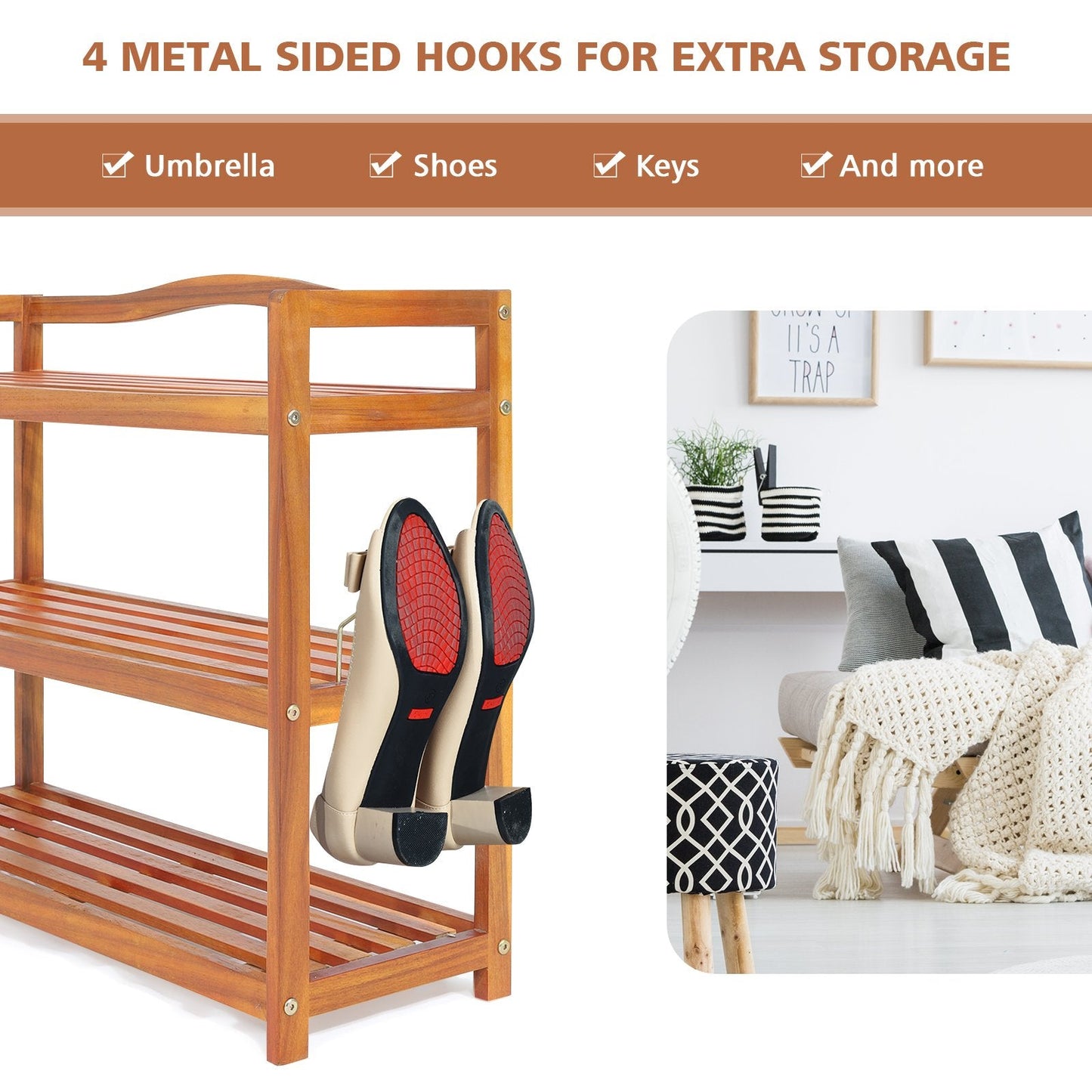 Solid Acacia Wood Shoe Rack Shelf with Side Metal Hooks-3-Tier