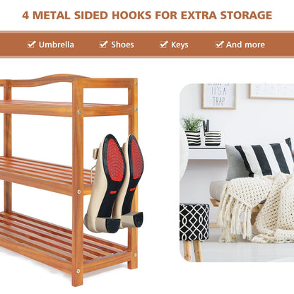 Solid Acacia Wood Shoe Rack Shelf with Side Metal Hooks-3-Tier