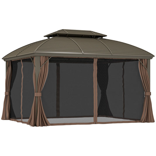 Outsunny 3,65 x 3(m) Hardtop Stalowy pawilon ogrodowy z aluminiową ramą, podwójnym dachem, ścianami bocznymi z siatki i zasłonami, kolor kawy