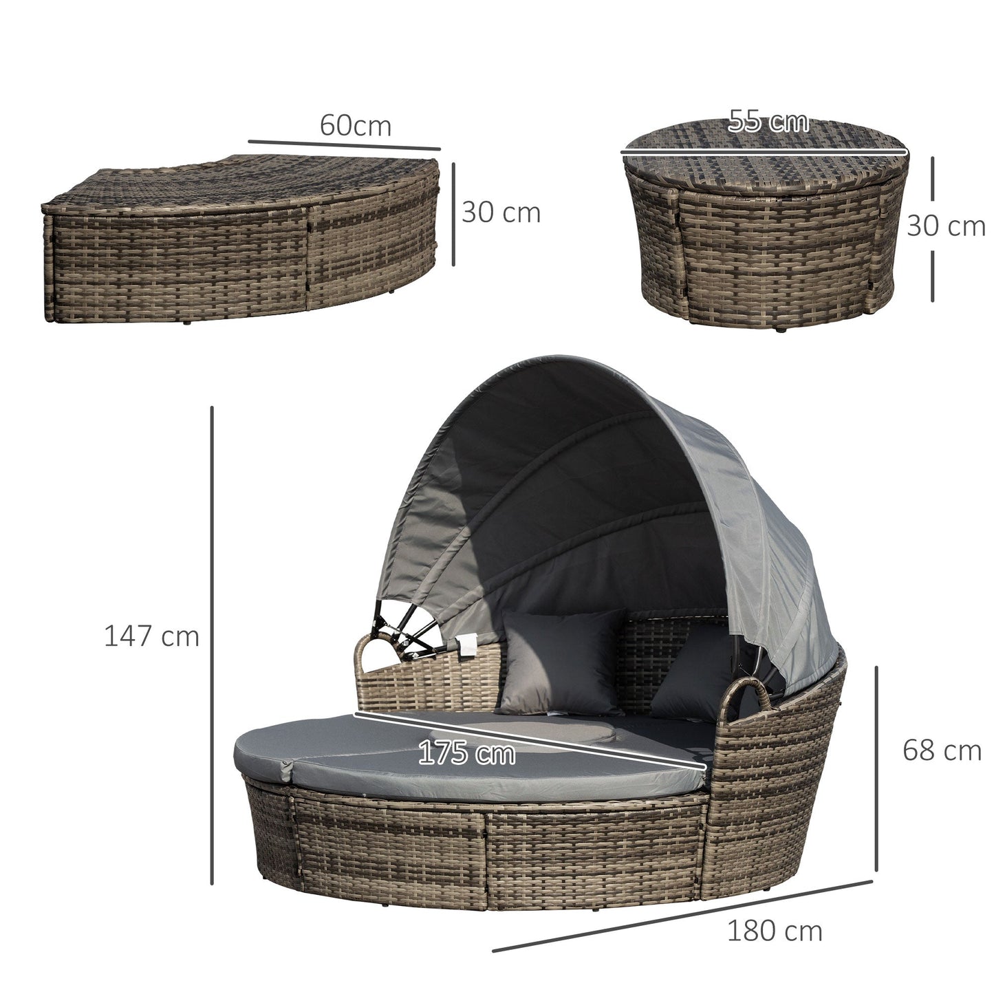 Outsunny Outdoor PE Rattan Garden Furniture with Cushioned, Patio Wicker Conversation Furniture Set, Round Daybed with Retractable Canopy, Coffee Table and Three Pillows, Dark Grey