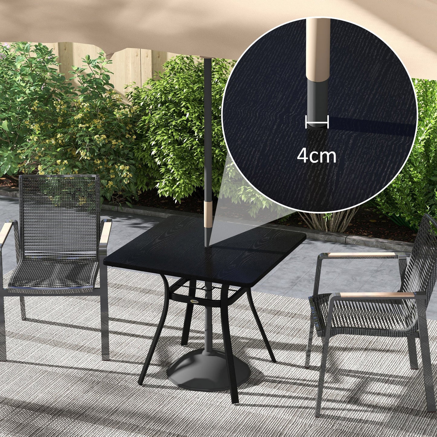 Stół ogrodowy Outsunny Four-Seater Steel, z otworem na parasol 40 mm - czarny