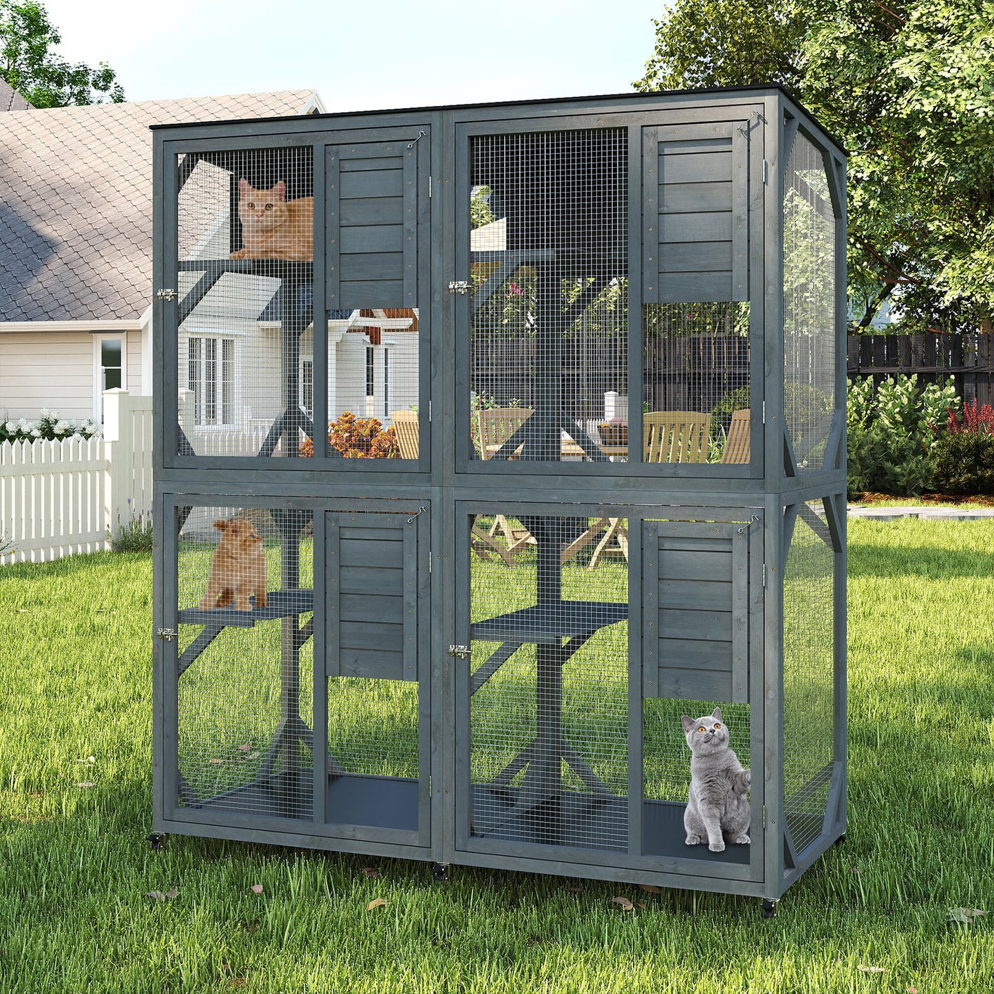 Spacious Fir Wood Outdoor Cat Enclosure with 2 Rest Nooks and 4 Activity Platforms-Grey