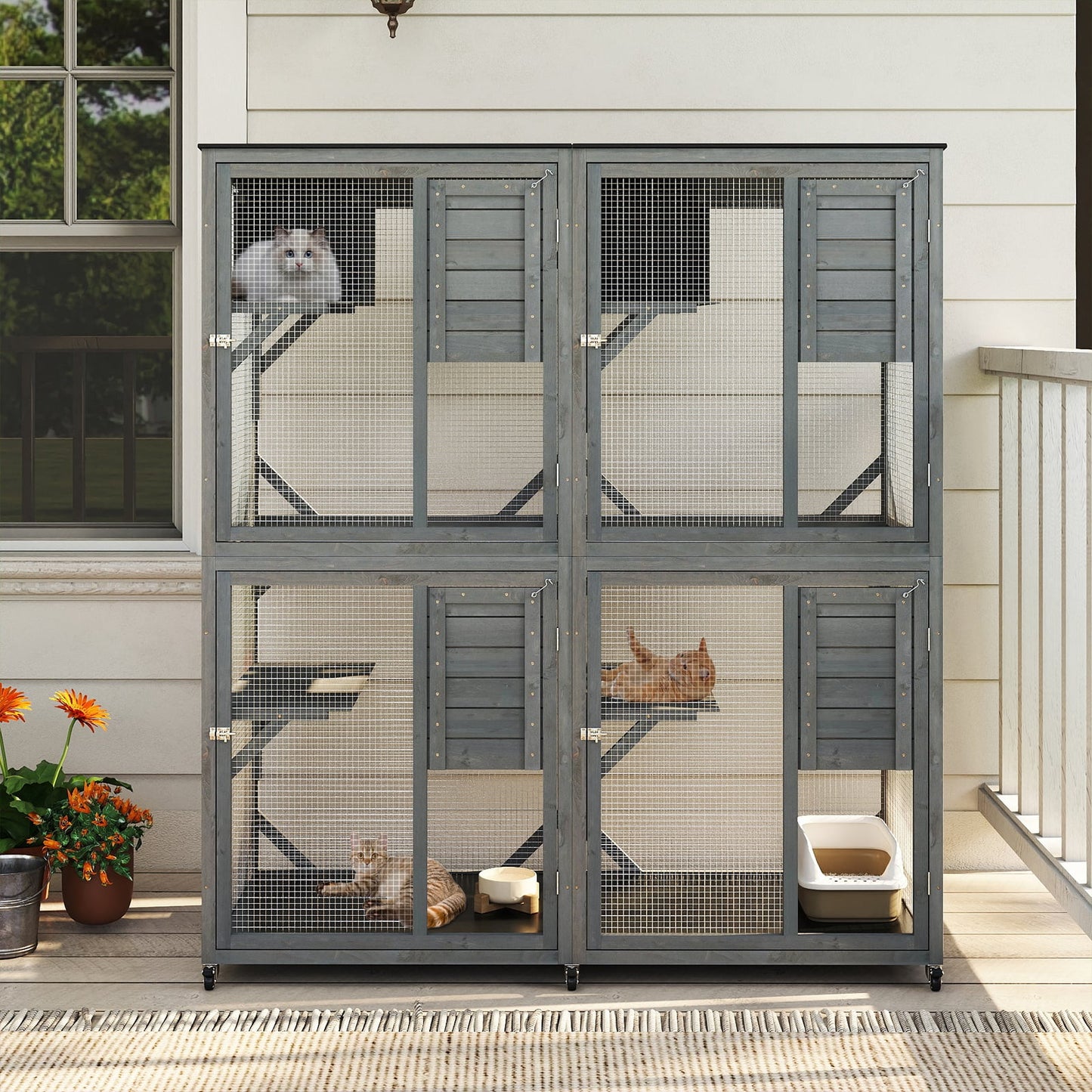 Spacious Fir Wood Outdoor Cat Enclosure with 2 Rest Nooks and 4 Activity Platforms-Grey