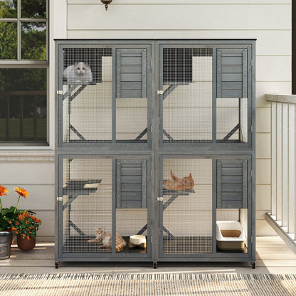 Spacious Fir Wood Outdoor Cat Enclosure with 2 Rest Nooks and 4 Activity Platforms-Grey