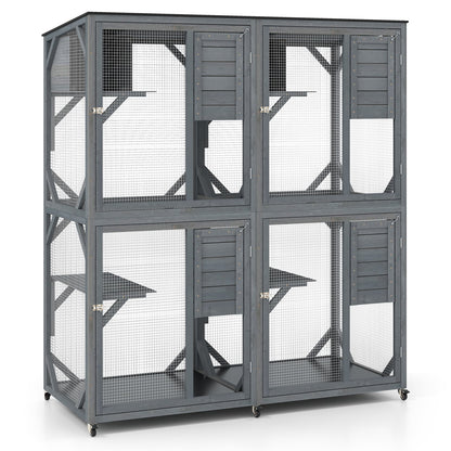 Spacious Fir Wood Outdoor Cat Enclosure with 2 Rest Nooks and 4 Activity Platforms-Grey