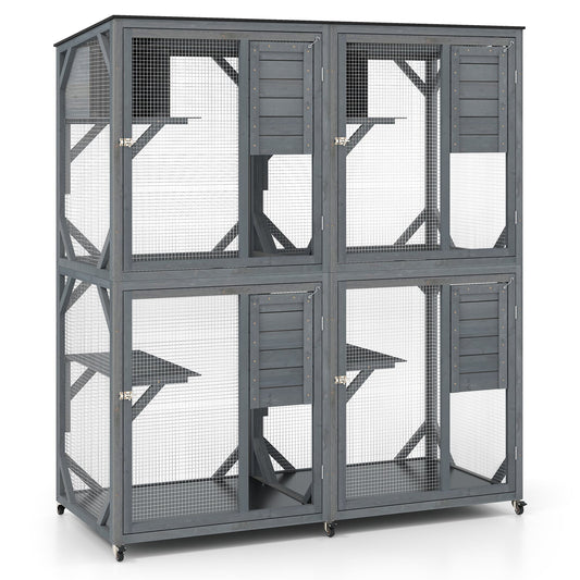 Spacious Fir Wood Outdoor Cat Enclosure with 2 Rest Nooks and 4 Activity Platforms-Grey