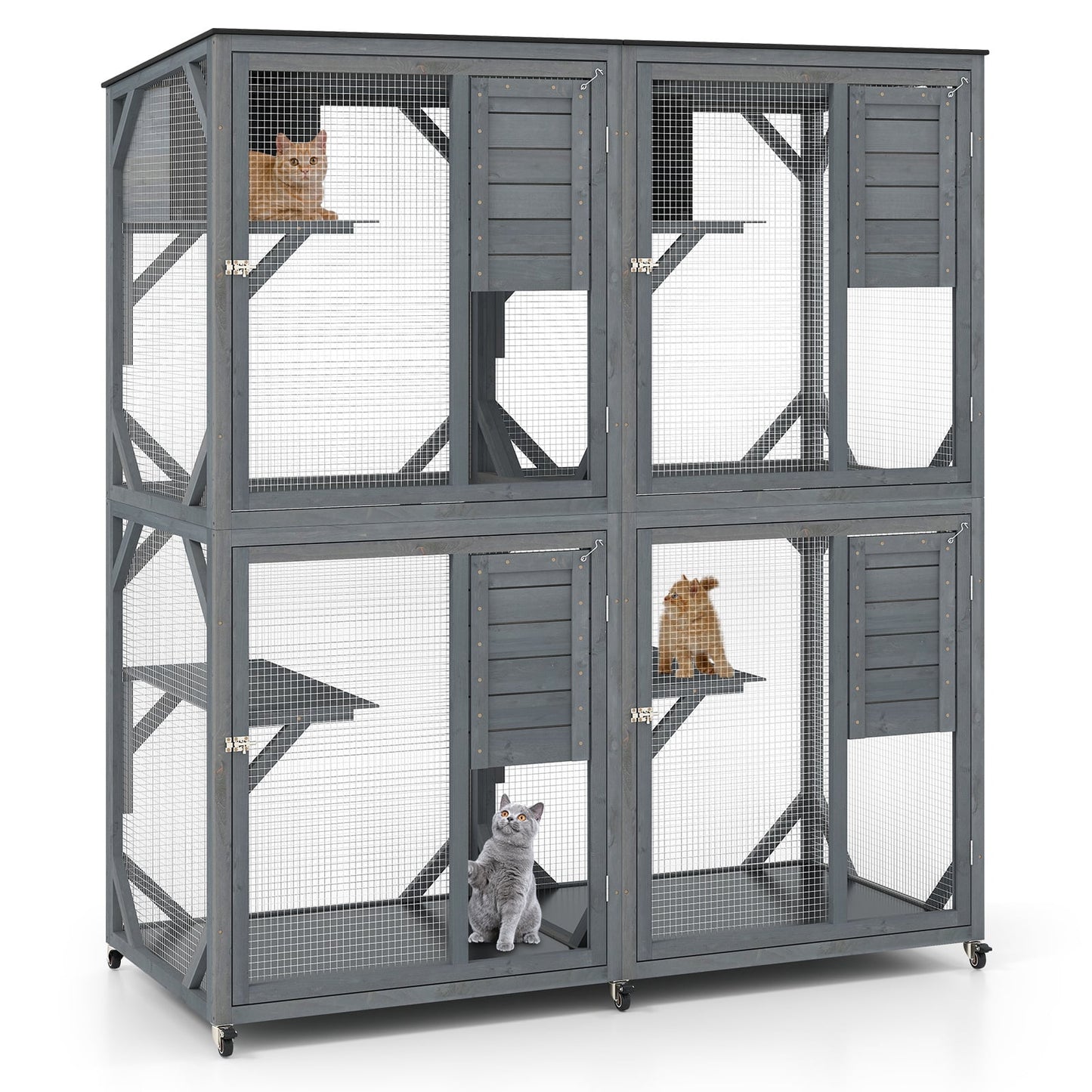 Spacious Fir Wood Outdoor Cat Enclosure with 2 Rest Nooks and 4 Activity Platforms-Grey