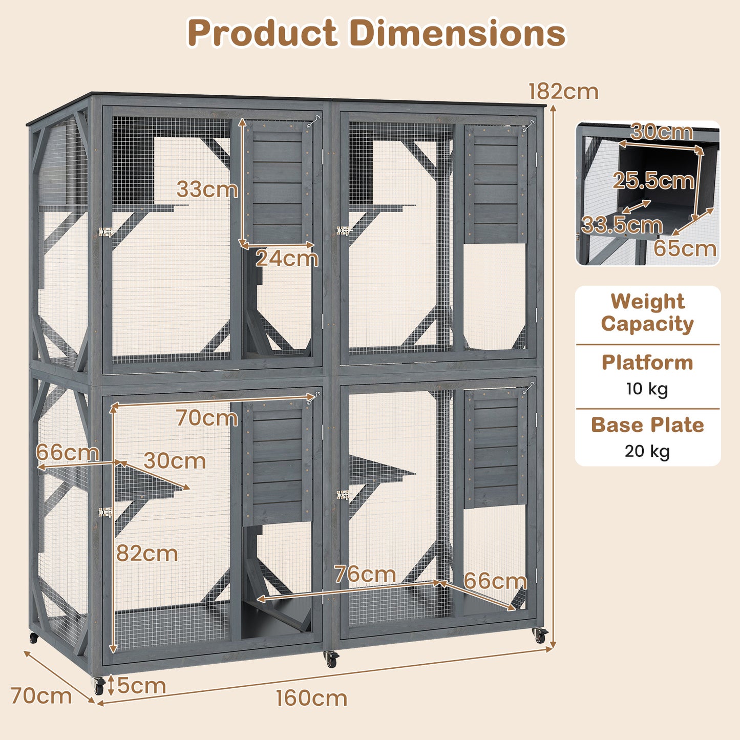 Spacious Fir Wood Outdoor Cat Enclosure with 2 Rest Nooks and 4 Activity Platforms-Grey