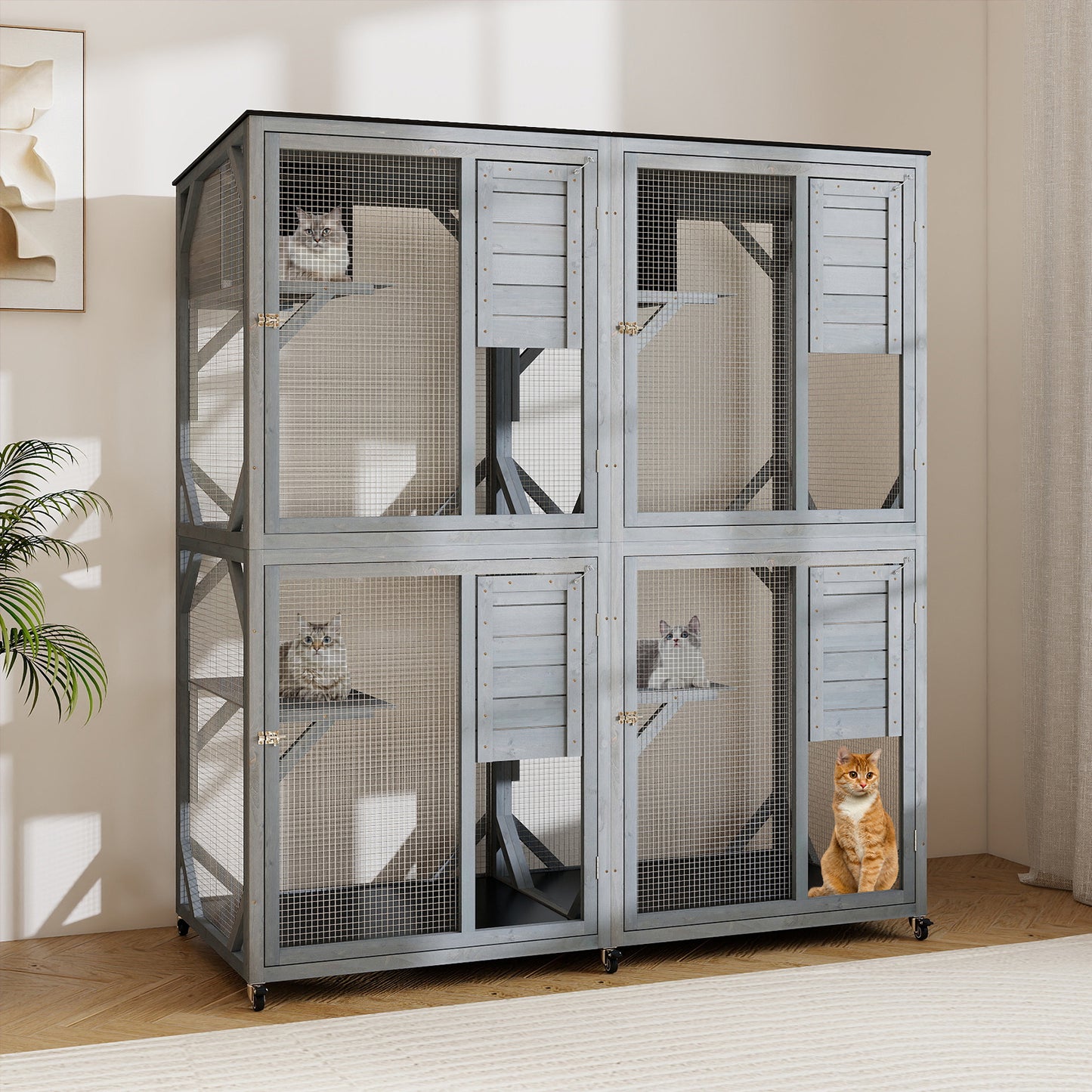 Spacious Fir Wood Outdoor Cat Enclosure with 2 Rest Nooks and 4 Activity Platforms-Grey
