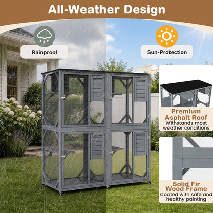 Spacious Fir Wood Outdoor Cat Enclosure with 2 Rest Nooks and 4 Activity Platforms-Grey