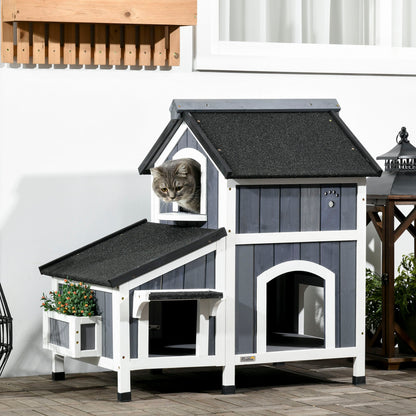 PawHut Wooden Cat House Outdoor with Flower Pot, 2 Tiers Cat Shelter with Window, Multiple Entrances, Water-resistant Roof, Grey