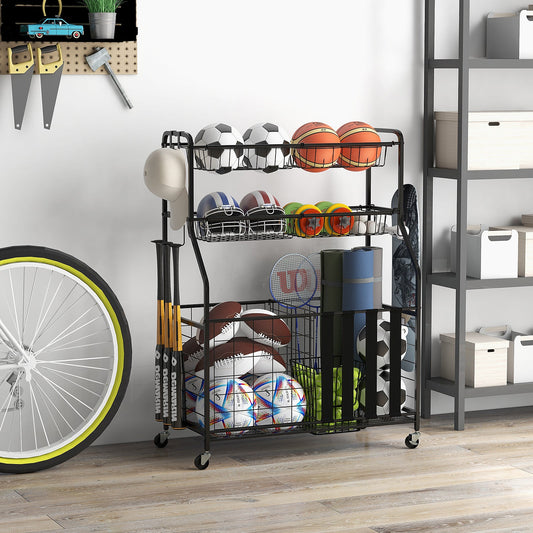 Sports Equipment Storage Rack Rolling Sports Ball Storage Cart-Black