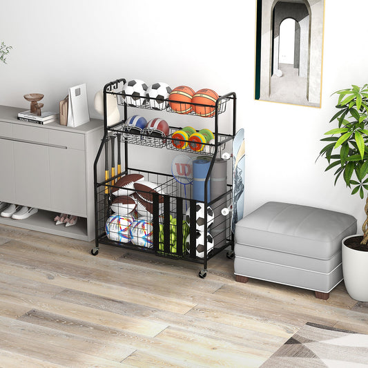 Sports Equipment Storage Rack Rolling Sports Ball Storage Cart-Black