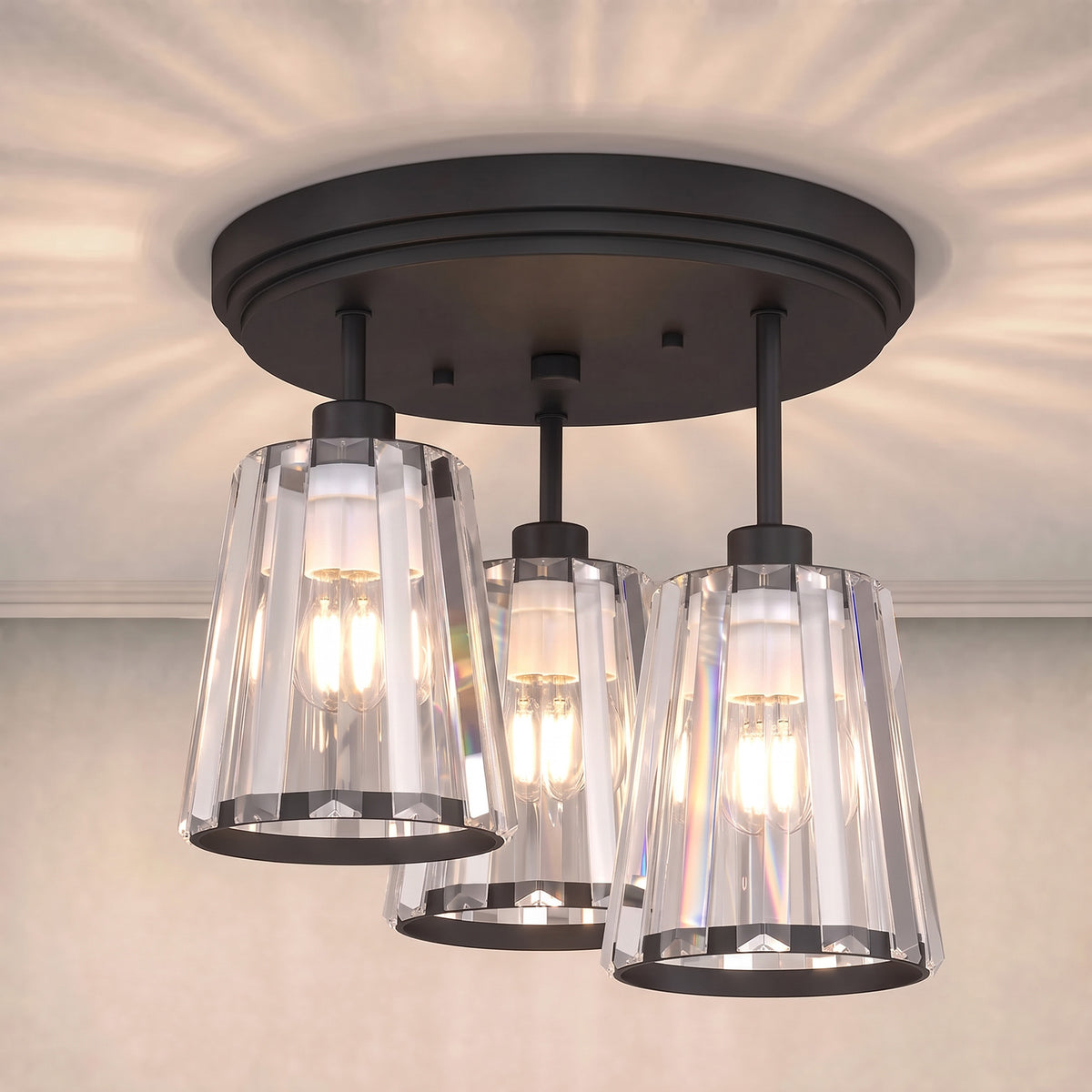 HOMCOM 3-Light Crystal Glass Ceiling Light, Triple Head with Dual Mounting, Modern Ceiling Lamp for Living Room, Black