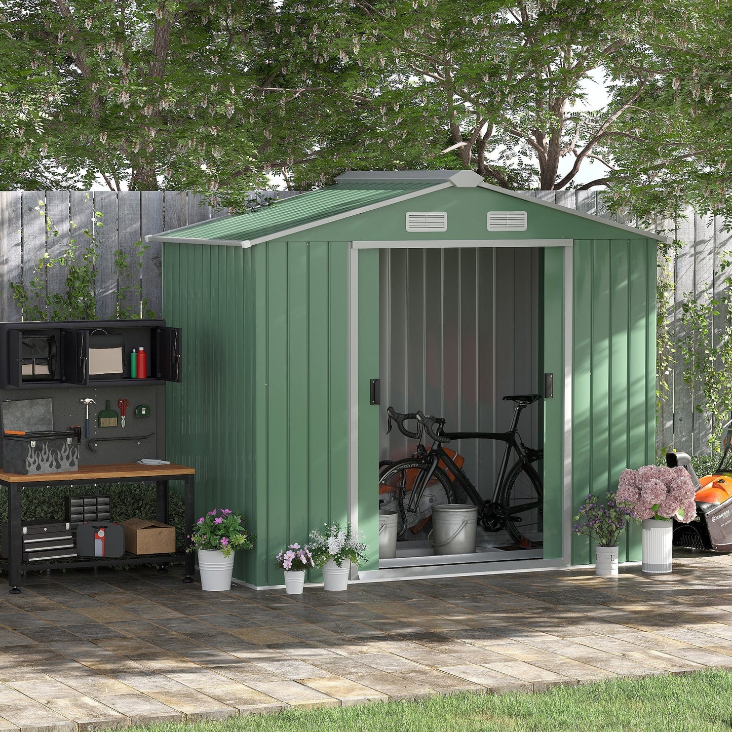 Outsunny 7ft x 4ft Lockable Garden Metal Storage Shed Large Patio Roofed Tool Storage Building Foundation Sheds Box Outdoor Furniture, Light Green