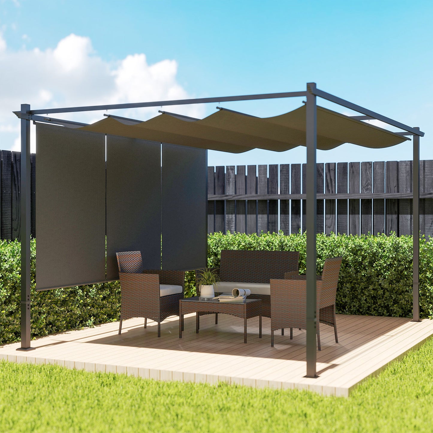 Outsunny 3 x 4m Metal Pergola with Retractable Roof and Roller Shade, Wall-Mounted or Free Standing Garden Gazebo Canopy Pergola Kit, UPF30+ Outdoor Sun Shade Shelter, Grey