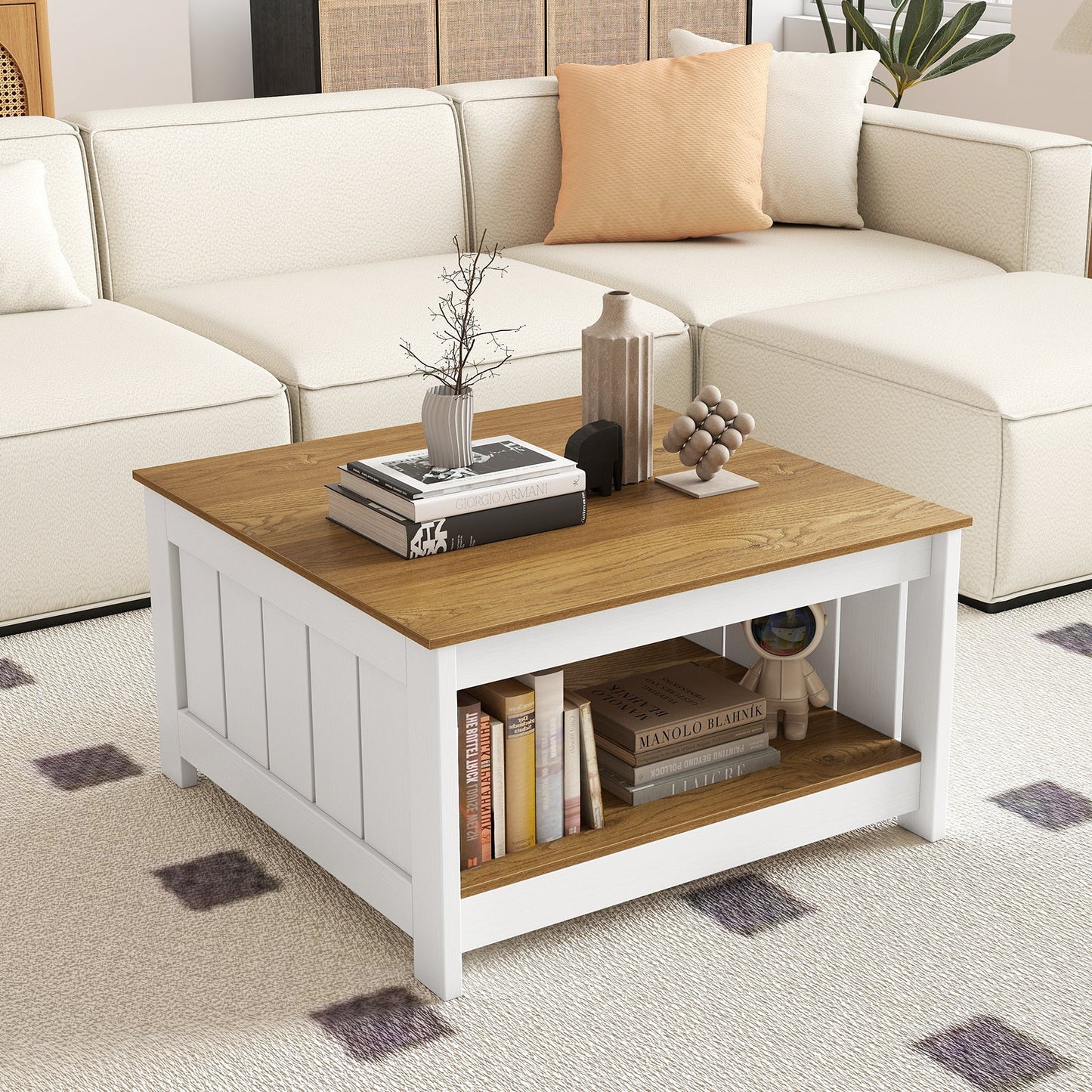 Square Coffee Table with Storage Shelf for Home Waiting Room-Natural