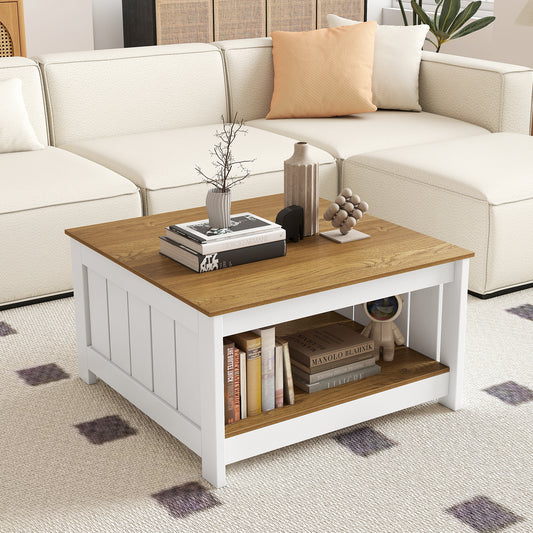 Square Coffee Table with Storage Shelf for Home Waiting Room-Natural