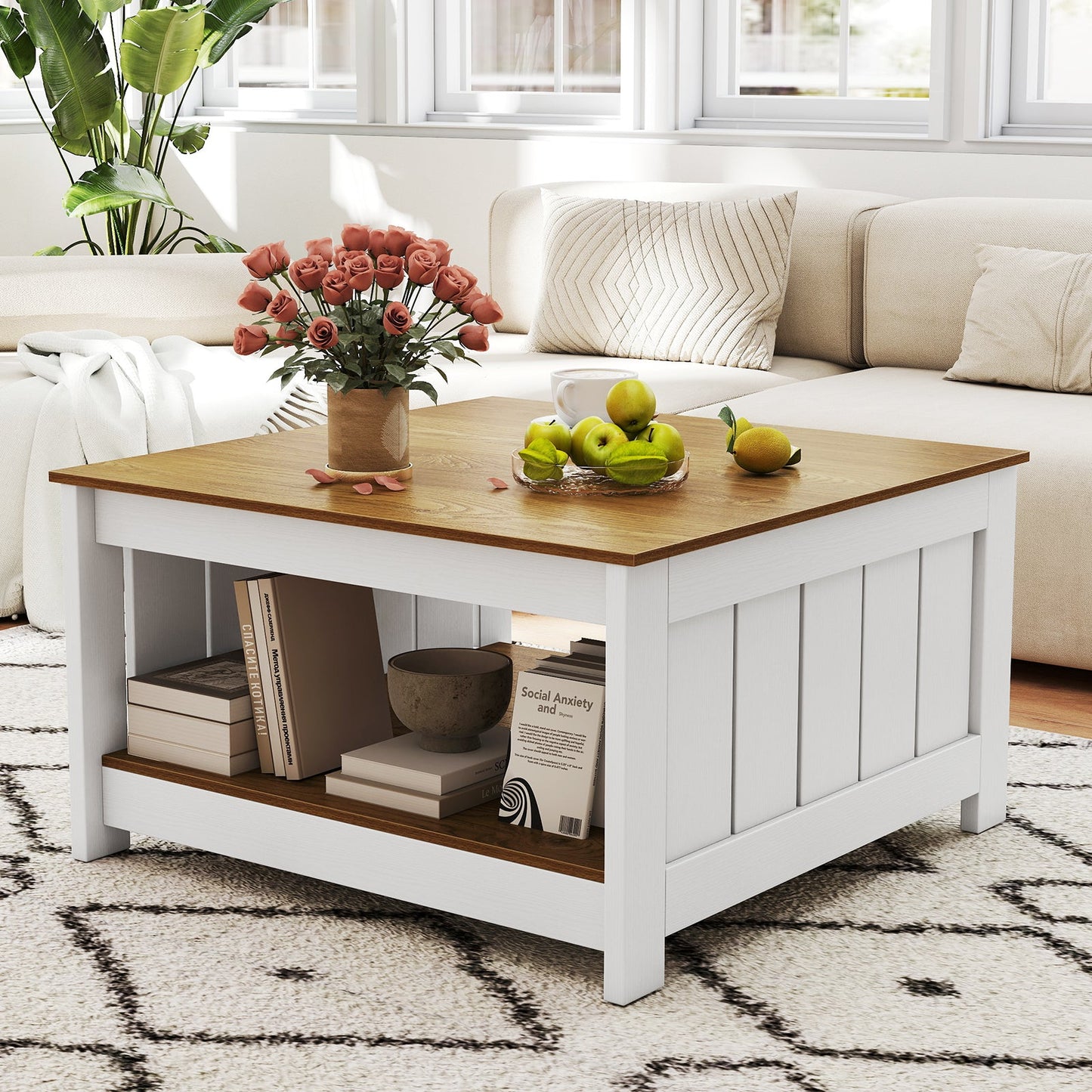 Square Coffee Table with Storage Shelf for Home Waiting Room-Natural