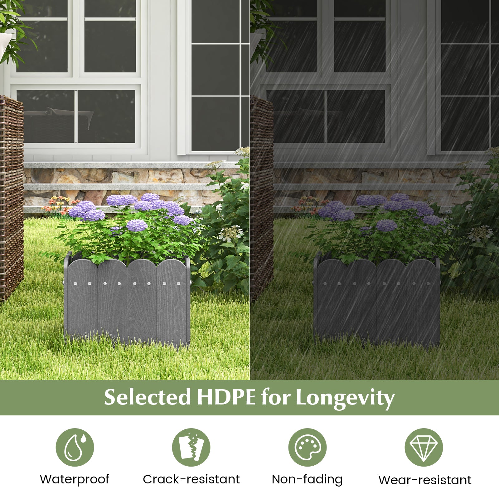 2 Pack Square Planter Box with Drainage Gaps-Grey