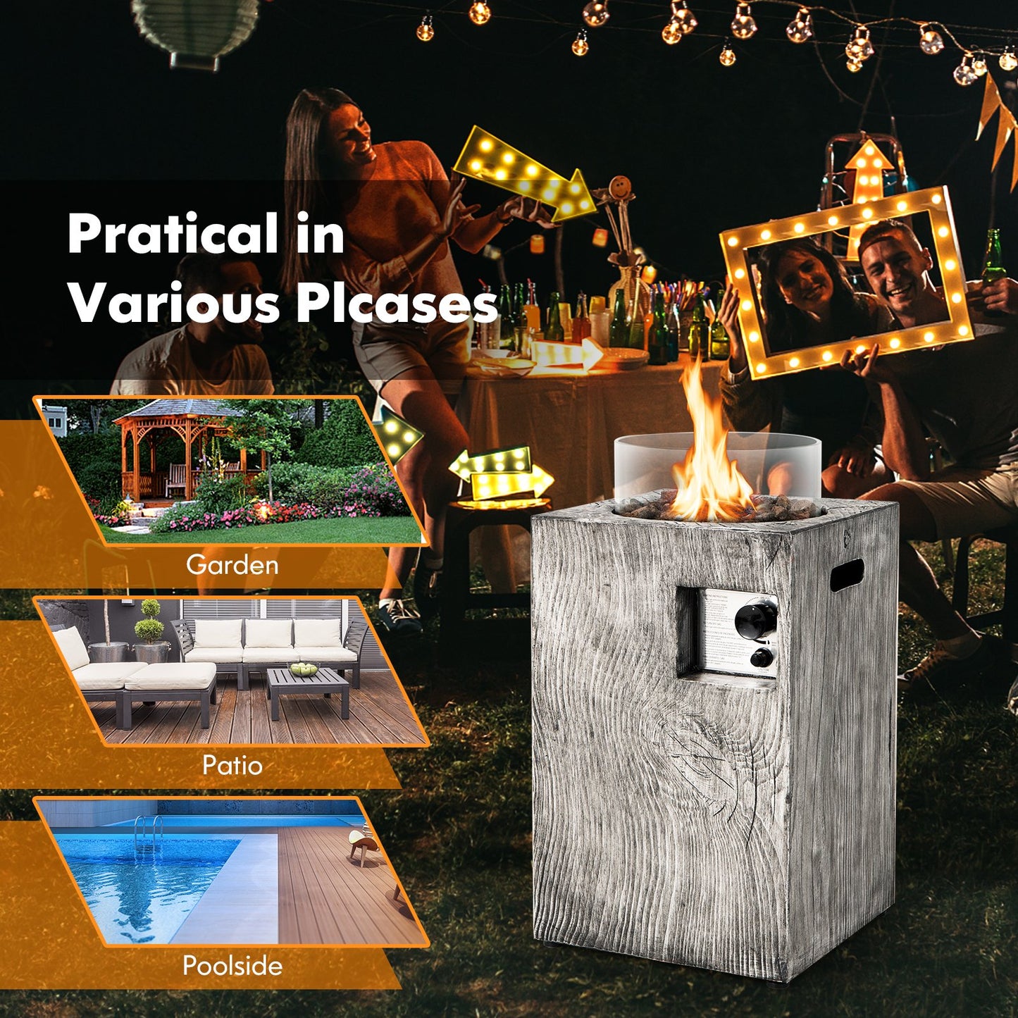 8.79 KW Propane Gas Fire Pit Table with Glass Wind Guard-Grey