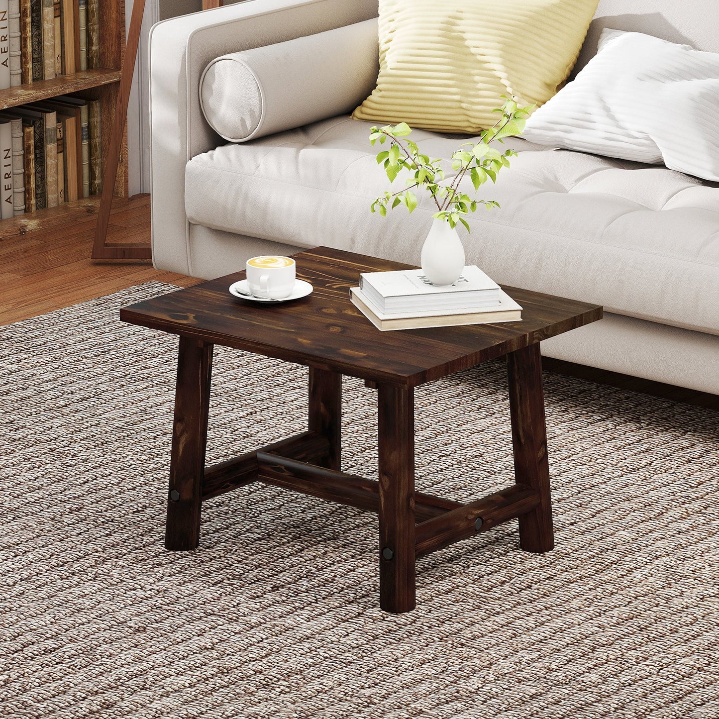Square Side Table with Sturdy Legs and Reinforced Crossbar-Brown
