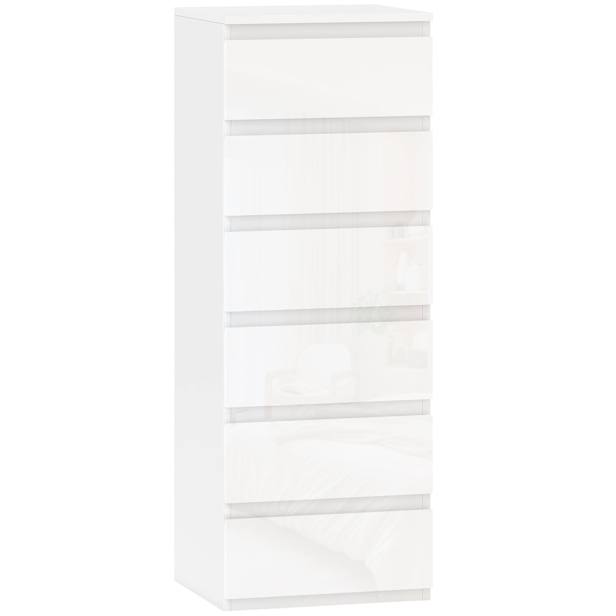 HOMCOM Chest of Drawers High Gloss Finish 6 Drawer Dresser Space Saving Slim Design Handle Free Drawers High-Gloss White